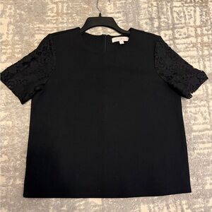 LOFT Petite Black Blouse with Lace Detail